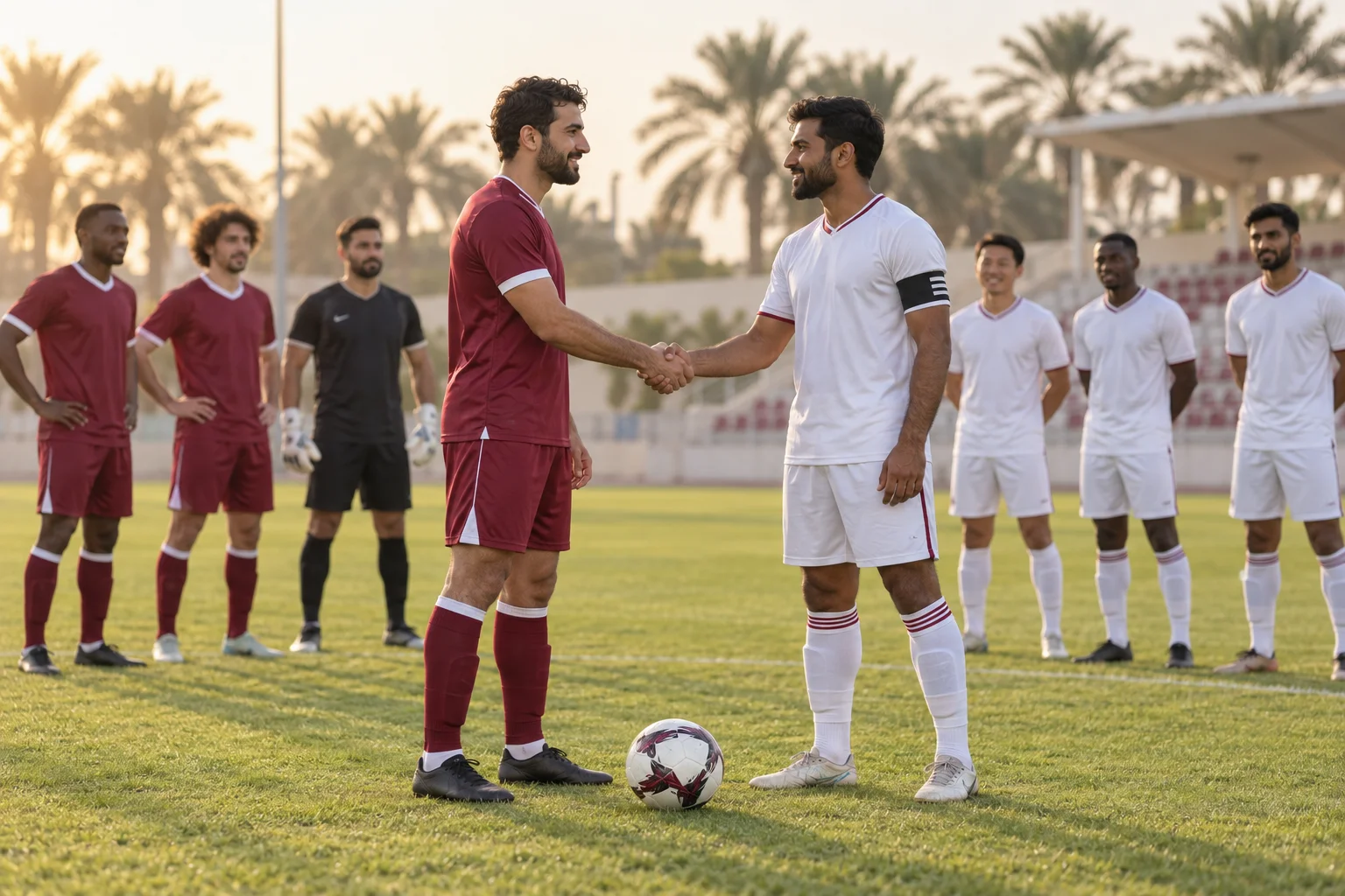 Promotional image of football players from diverse backgrounds sharing a friendly moment on the pitch